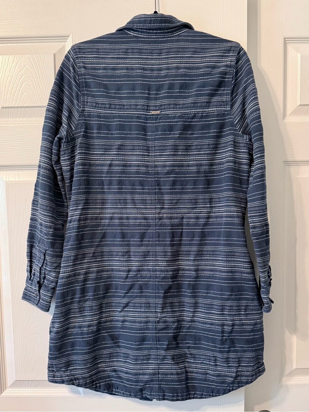 prAna Dyri Button Front Shirt Dress Large Blue Striped Organic Cotton - Picture 4 of 11